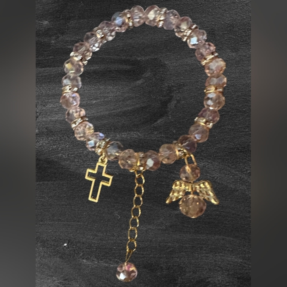 Elegant Gold and pink Beaded Bracelet with cross & angel Charms nip